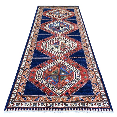 Oxford Blue, Afghan Ersari Geometric Wide Runner with North West Persian Design, Hand Knotted, Vegetable Dyes, Oriental Rug 