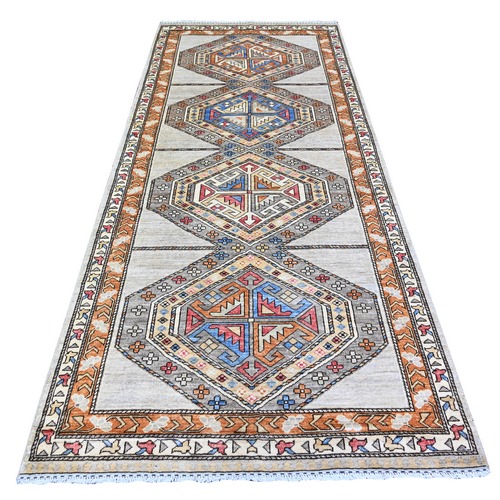 Cloud Gray, Hand Knotted, Vegetable Dyes, Afghan Ersari with Tribal Symbols,  Pure Wool, Densely Woven, Wide Runner Oriental 