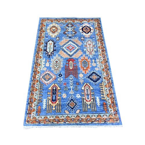 Cornflower Blue, Densely Woven, Shiny Wool, Hand Knotted, Afghan Ersari with Geometric Gul Motifs, Vegetable Dyes, Oriental 