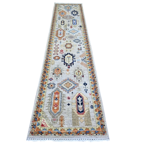 Chrome Gray, Shiny Wool, Vegetable Dyes, Afghan Ersari with Tribal Symbols, Hand Knotted, Densely Woven, Runner Oriental 