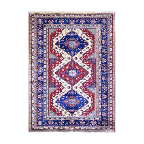 Feather White with Cobalt Blue, Natural Dyes, Hand Knotted, Afghan Super Kazak with Tribal Medallion Design, Pure Wool, Oriental Rug