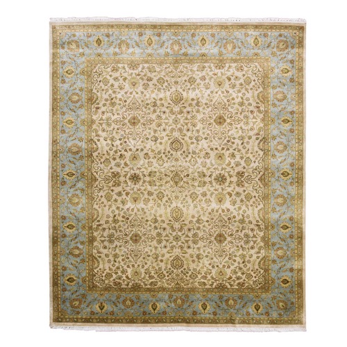 Ivory, Hand Knotted All Over Kashan Design, 300 KPSI 100% Pure and Real Silk, Oriental Rug