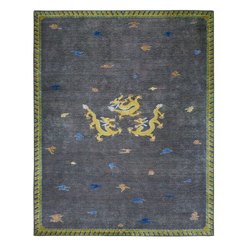 Deep Coffee Brown, Dancing Dragons with Clouds in the Sky, Chinese Qing Dynasty Inspired, Pure Wool and Silk, Cropped Thin, Hand Knotted, Oriental Rug