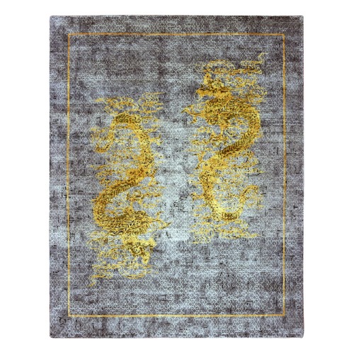 Battleship Gray, The Golden Dragons, Chinese Qing Dynasty Inspired, Pure Wool and Silk, Cropped Thin, Hand Knotted, Oriental 