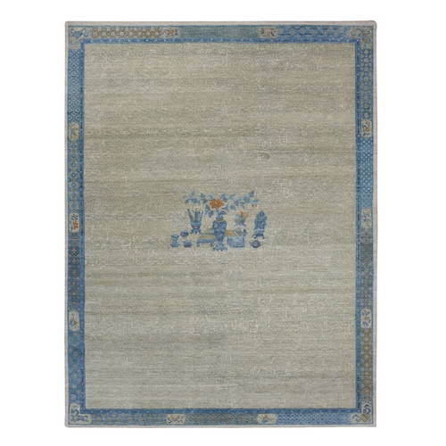 Ash Gray, Antique Chinese Inspired,  Open Field with Flower Bouquet, Ming Dynasty,100% Wool, Hand Knotted Oriental Rug