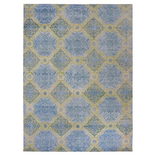Grotto Blue with Avocado Green, Trellis Neo Classic European Design with Flower Bouquet and Rosettes, 100% Wool, Hand Knotted Oriental Rug