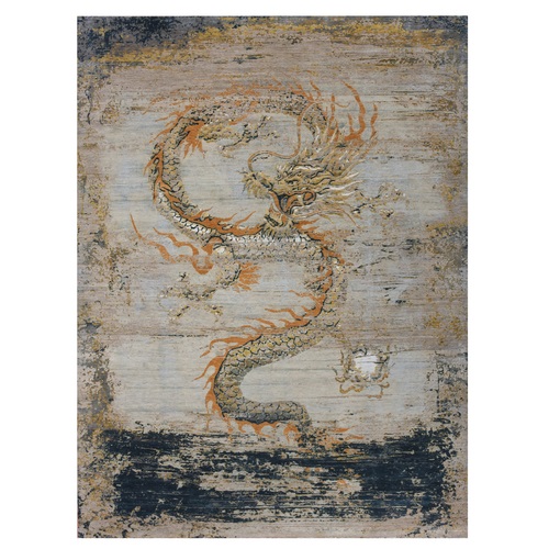 Parchment Beige with Honey Gold, Antique Chinese Inspired, Dragon Design, 100% Wool, Hand Knotted, Oriental Rug