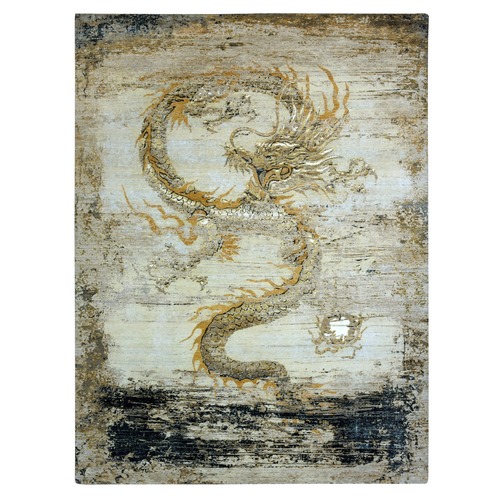 Casabianca Beige and Harvest Gold, Antique Chinese Inspired, Dragon Design, Organic Wool, Hand Knotted, Oriental 