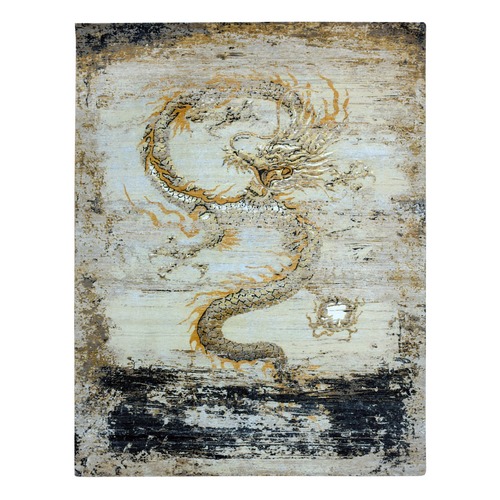 Cosmic Latte Beige, Natural Wool, Antique Chinese Inspired Dragon Design, Hand Knotted, Oriental Rug
