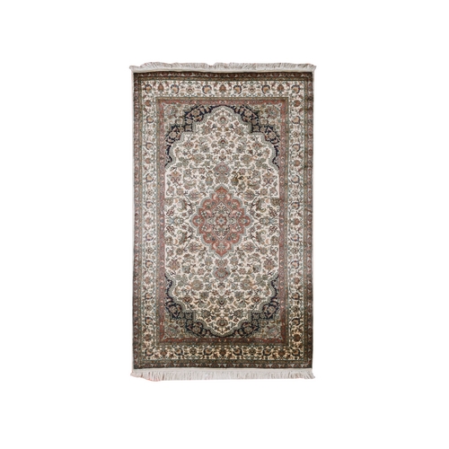 Alabaster White, Hand Knotted Intricate Medallion Design, 400 KPSI, Soft to The Touch, Kashmir Pure Silk, Oriental Rug