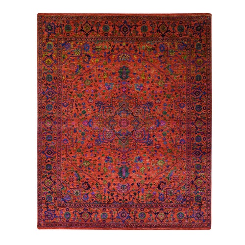 Brick Red, Heriz Design with Medallion, Sari Silk and Wool Hand Knotted, Oriental 