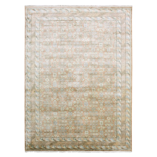 Faded Honey Brown, Hand Knotted 100% Pure and Real Silk, Khotan Design with Small Repetitive Flower Pattern, Oriental Rug
