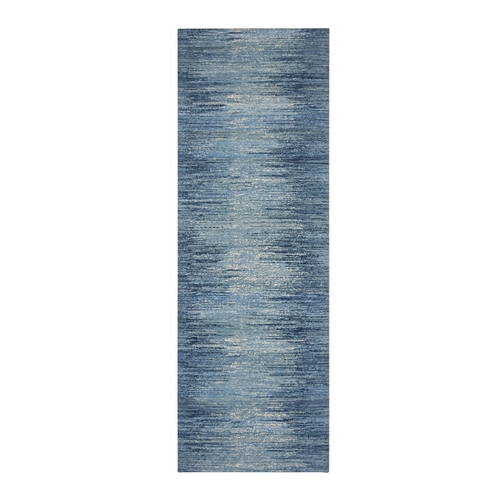 Blue with Touches of Ivory Hand Knotted Zero Pile Pure Wool Only Horizontal Ombre Design Oriental Wide Runner Rug