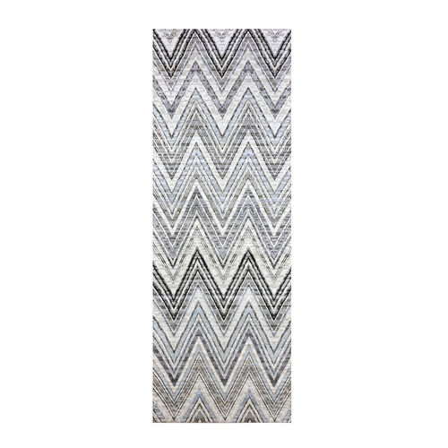 Ivory Chevron Design Modern Textured Wool and Pure Silk Hand Knotted Oriental Wide Runner Rug