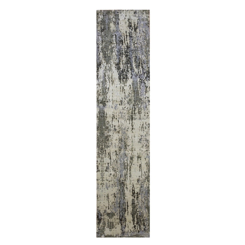 Charcoal Gray Abstract Design Wool and Silk Denser Weave Persian Knot Hand Knotted Oriental Runner Rug