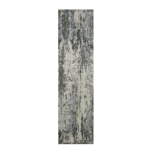 Charcoal Gray Abstract Design Wool and Silk Denser Weave Persian Knot Hand Knotted Oriental Runner Rug