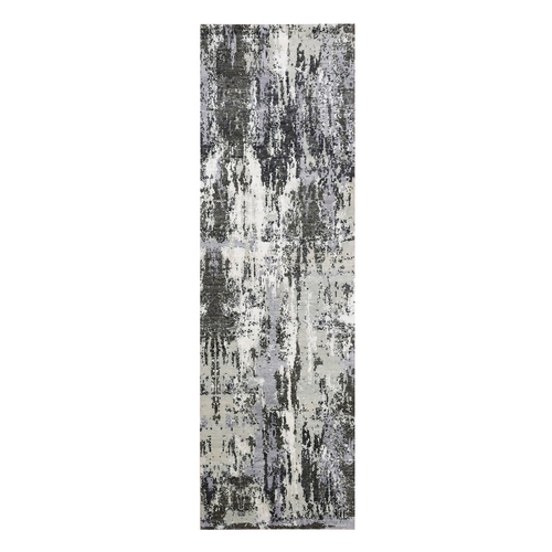 Charcoal Gray Persian Knot, Modern Abstract Design, Wool and Silk, Denser Weave, Hand Knotted Runner Oriental Rug