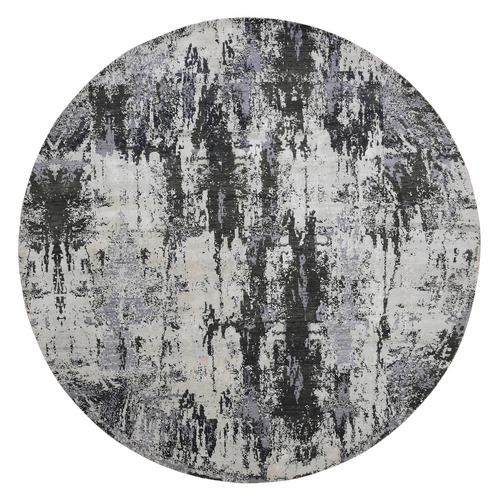 Charcoal Gray Wool and Silk Abstract Design  Denser Weave Persian Knot Hand Knotted Round Oriental Rug