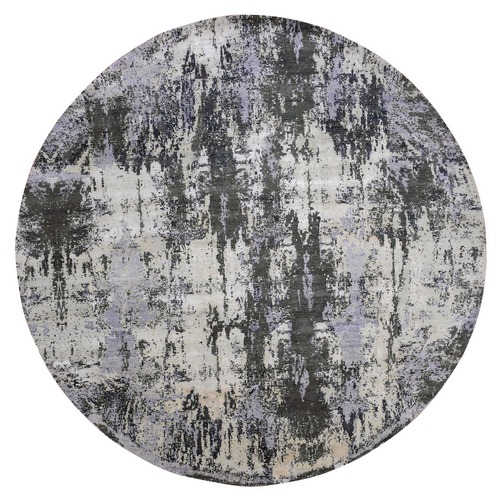 Charcoal Gray Abstract Design Wool and Silk Persian Knot Denser Weave Hand Knotted Oriental Round Rug
