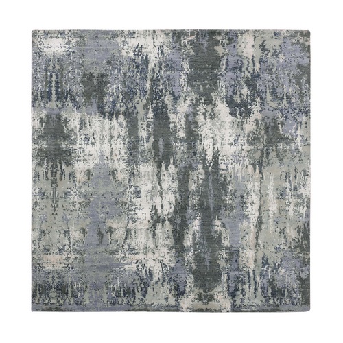Charcoal Gray Abstract Design Wool and Silk Denser Weave Persian Knot Hand Knotted Oriental Square Rug