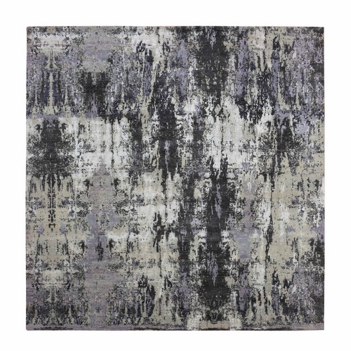Charcoal Gray, Abstract Design, Wool and Silk, Denser Weave, Persian Knot, Hand Knotted, Square Oriental Rug