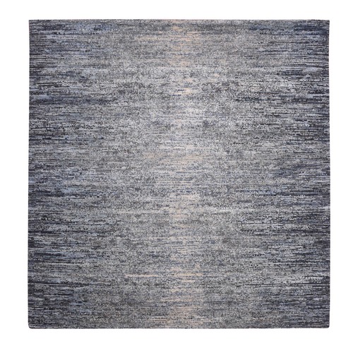 Blue Oceanic Wool and Pure Silk Horizontal Ombre Design Hand Knotted Oriental Square Rug