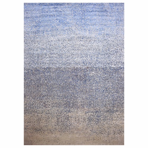 Denim Blue, Modern Dissipating Design, Hand Knotted Pure Silk and Wool, Oversized Oriental 