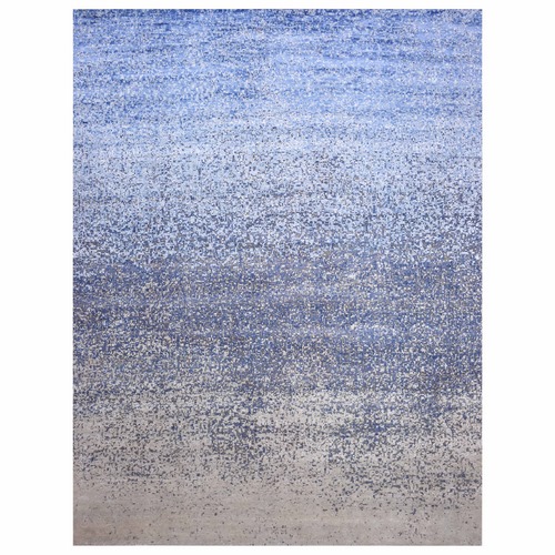 Denim Blue, Pure Silk and Wool, Modern Dissipating Design Hand Knotted, Oversized Oriental Rug