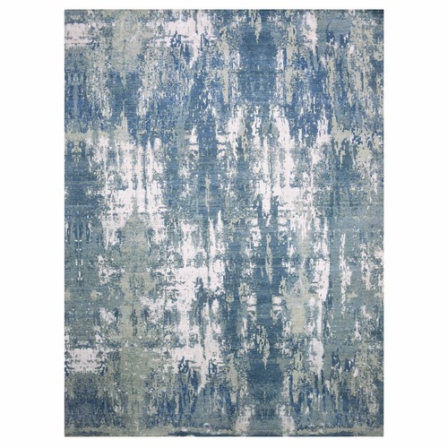 Oceanic Blue, Abstract Design Hi-Low Pile, Denser Weave Hand Knotted Pure Silk and Wool, Oversized Oriental 