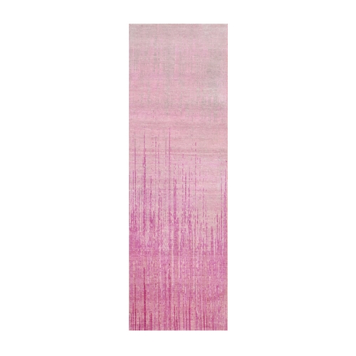 Pink Vertical Ombre Design Natural Wool Hand Knotted Runner Oriental Rug