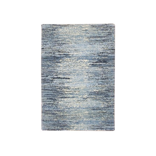 Blue with Touches of Ivory Hand Knotted Pure Wool Only Striae Design Mat Oriental Rug