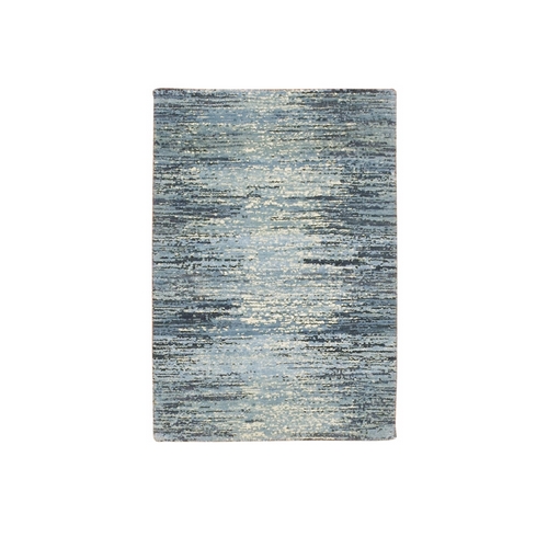 Blue with Touches of Ivory Only Striae Design Hand Knotted Pure Wool Oriental Mat 