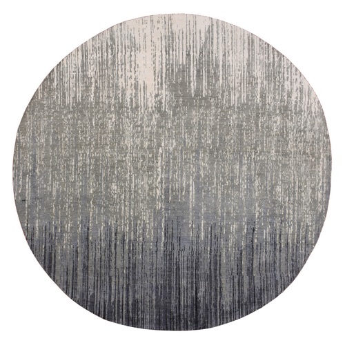 Blue-Gray Pure Wool Densely Woven Hand Knotted Modern Ombre Design Round Oriental Rug