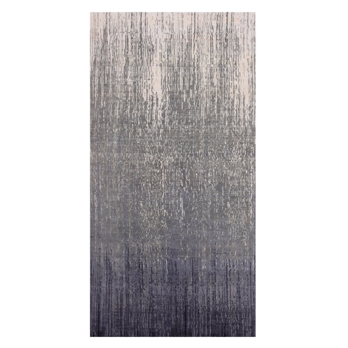 Gray and Blue, Pure Wool Hand Knotted, Modern Ombre Design Densely Woven, Wide Runner Oriental Rug