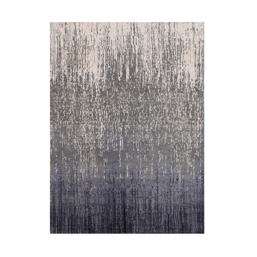 Gray and Blue, Hand Knotted Modern Ombre Design, Densely Woven Pure Wool, Oriental Rug
