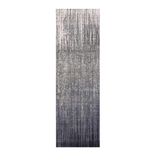 Gray and Blue, Pure Wool Hand Knotted, Modern Ombre Design Densely Woven, Runner Oriental 