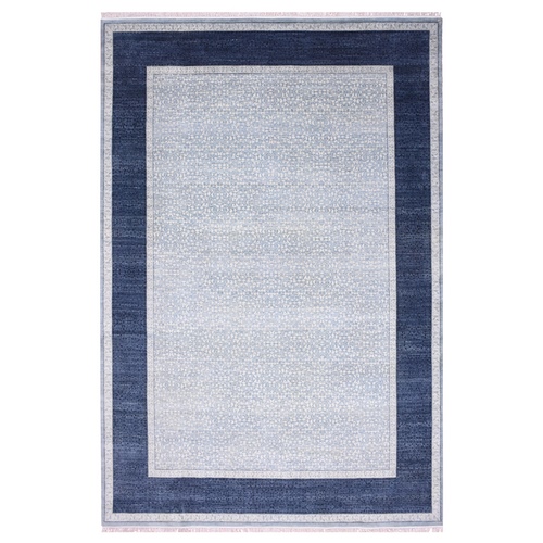 Shades of Blue, Hand Knotted Leaf All Over Pattern with A Distinct Contrasting Border Colors, Tone on Tone Pure Wool, Oversized Oriental Rug