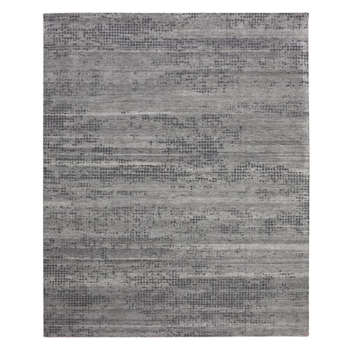 Black and Gray, Modern Design Zero Pile, Pure Silk Hand Knotted, Oriental Rug