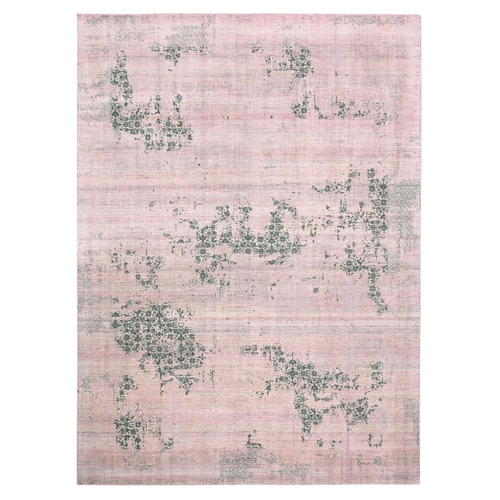 Pink and Gray, Hand Knotted Erased Persian Design, Zero Pile Pure Silk, Oriental 
