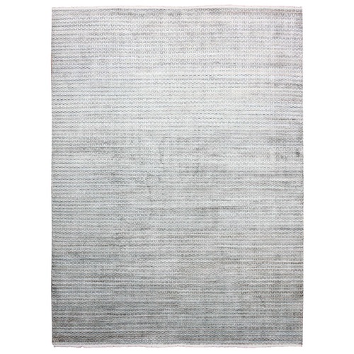 Silver Gray, Modern Tone on Tone Repetitive Design, Pure Silk and Textured Wool Hand Knotted, Oriental Rug
