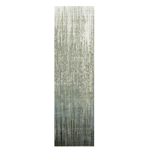 Gray and Blue, Pure Wool Hand Knotted, Modern Ombre Design Densely Woven, Runner Oriental Rug