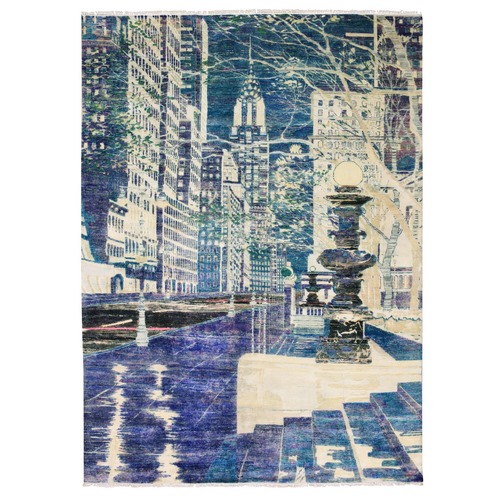 Indigo Blue, The Empire State Building, Sari Silk and Textured Wool Hand Knotted, Oriental Rug