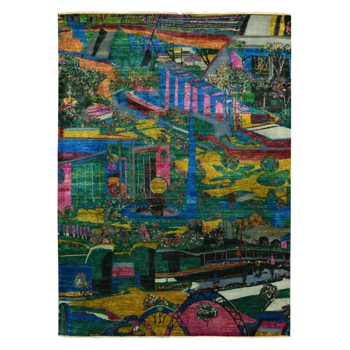 Colorful with 17 Different Color Shades, Modern Urban Scenery Design, Hand Knotted 100% Sari Silk, Oriental Rug