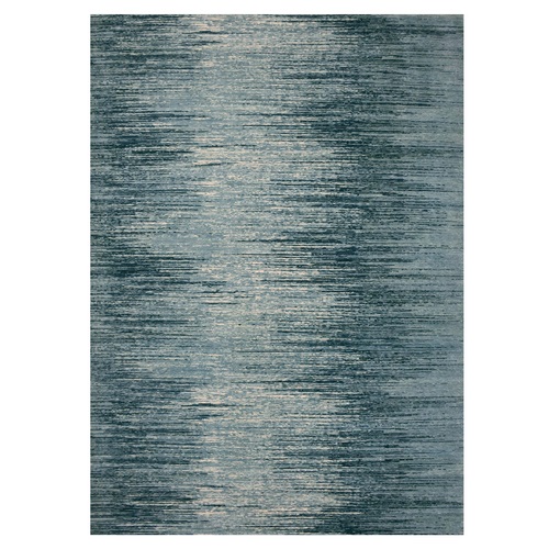 Blue with Touches of Ivory Striae Design, Hand Knotted Pure Wool, Oriental 