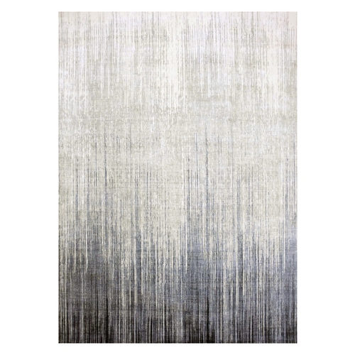 Gray and Black, Densely Woven Pure Wool, Hand Knotted Modern Ombre Design, Oriental Rug