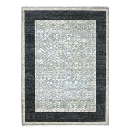 Shades of Blue, Leaf All Over Pattern with A Distinct Contrasting Border Colors, Tone on Tone, Pure Wool Hand Knotted, Oriental 