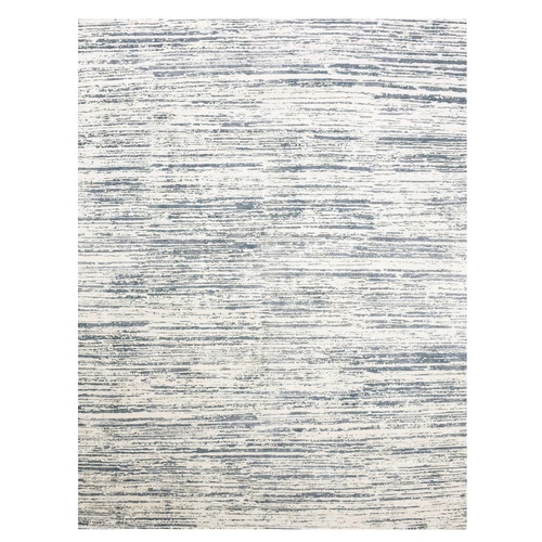 Blue and Ivory, Modern Striae Design Pure Silk with Textured Wool Tone on Tone, Hand Knotted, Oriental 