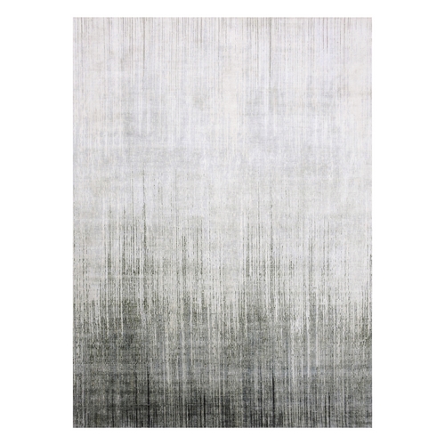 Charcoal Gray, Vertical Ombre Design Pure Silk with Textured Wool Hand Knotted Oriental 