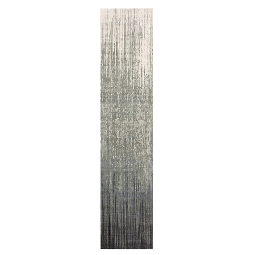 Gray and Black, Modern Ombre Design Densely Woven, Soft Wool Hand Knotted, Runner Oriental Rug