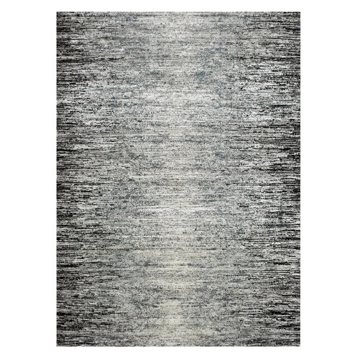 Black with Touches of Gray, Striae Design, Wool and Pure Silk Hand Knotted, Oriental Rug